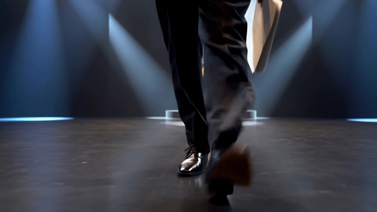 Un primer plano muestra a una persona con pantalones oscuros y zapatos negros pulidos caminando por un escenario iluminado.