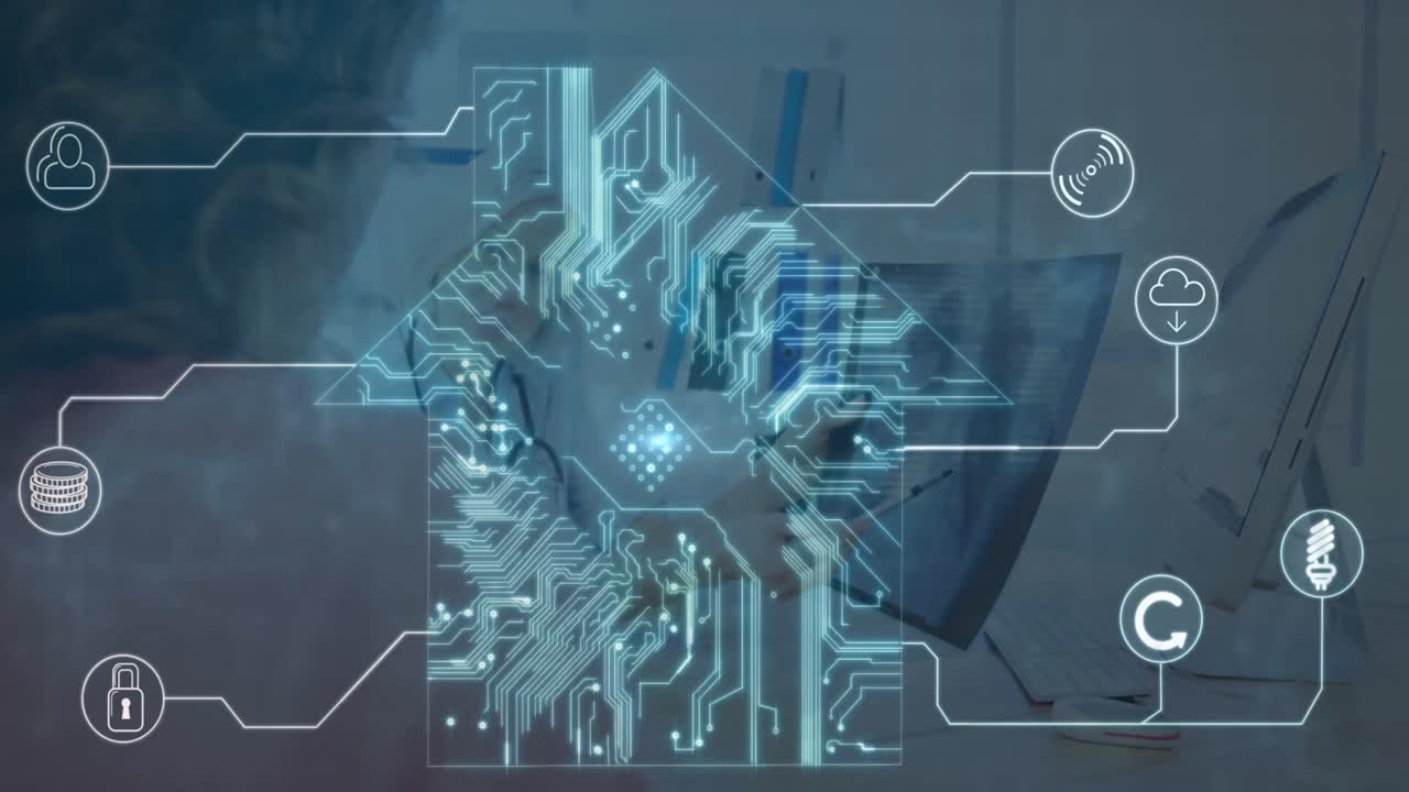 animación del icono de la casa sobre los hombres usando la computadora