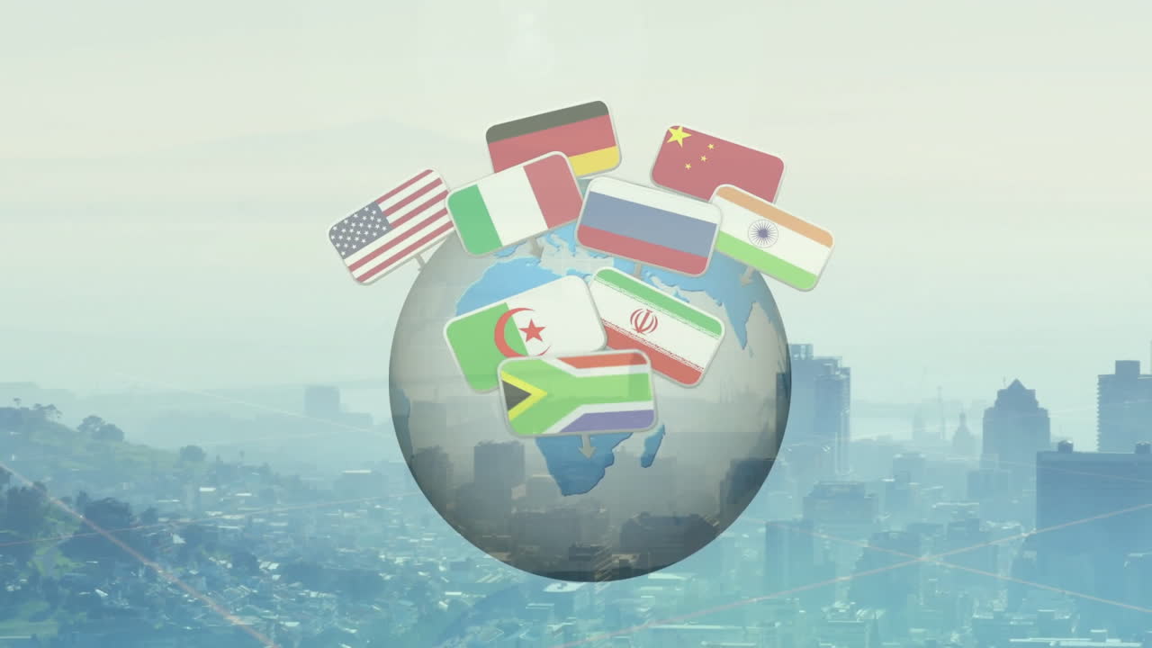 Animation of flags from various countries orbiting globe over cityscape background