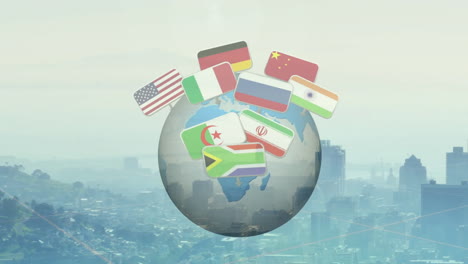 animation of flags from various countries orbiting globe over cityscape background