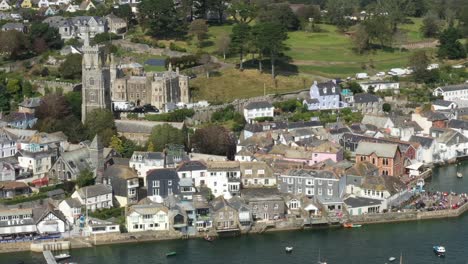 Aerial-view-of-Porphry-Hall,-and-Fowey-town,-on-the-River-Fowey,-Cornwall,-UK