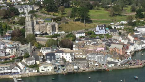 aerial view of porphry hall, and fowey town, on the river fowey, cornwall, uk