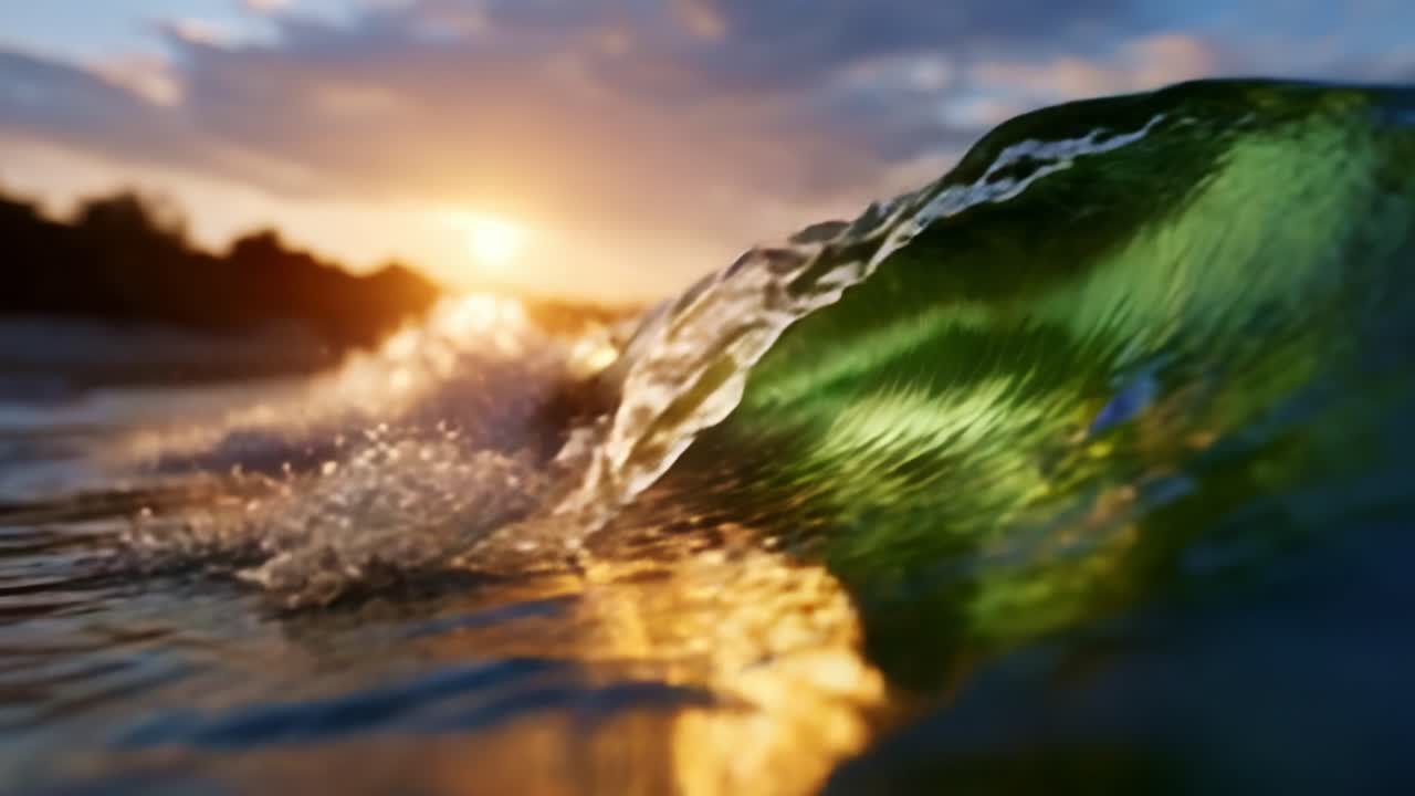 Una vista affascinante delle onde dell'oceano che riflettono la luce dorata del sole durante il tramonto, catturando la bellezza della natura in movimento e i colori vibranti nel cielo