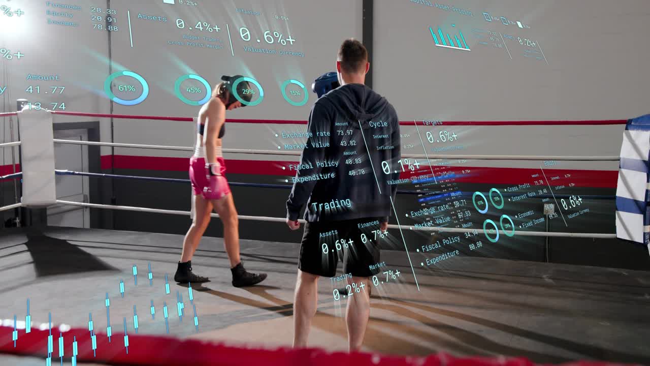 Coach leaning into ring moving boxers for sports drill black punching pink resting HUD mapping data
