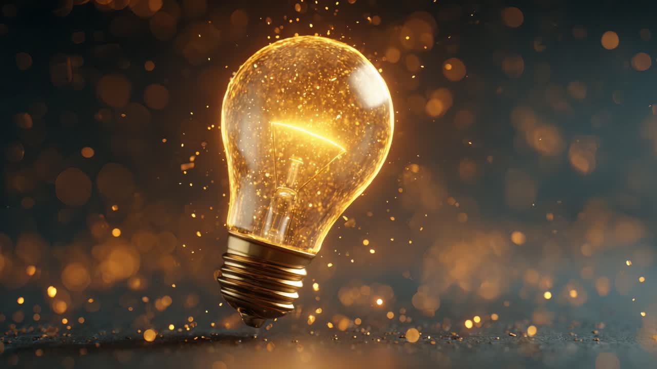 Glowing light bulb filled with golden particles slowly bouncing on a dark background. Metaphor for creativity, discovery, electricity, new business ideas, innovation and inspiration
