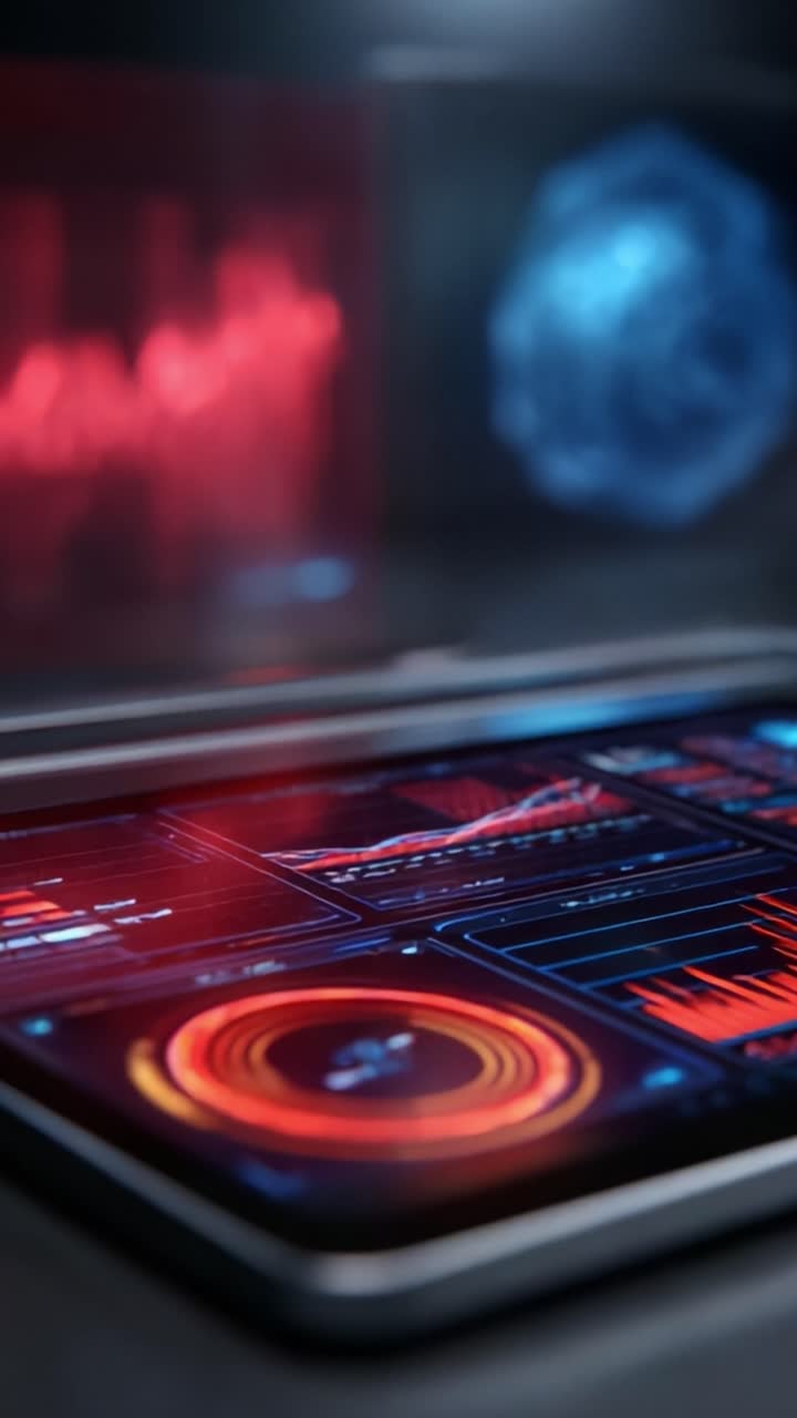 A close-up view of an advanced digital interface displayed on a tablet, featuring vibrant data visualizations, interactive graphs, and simulated global representations, illustrating modern technology in action