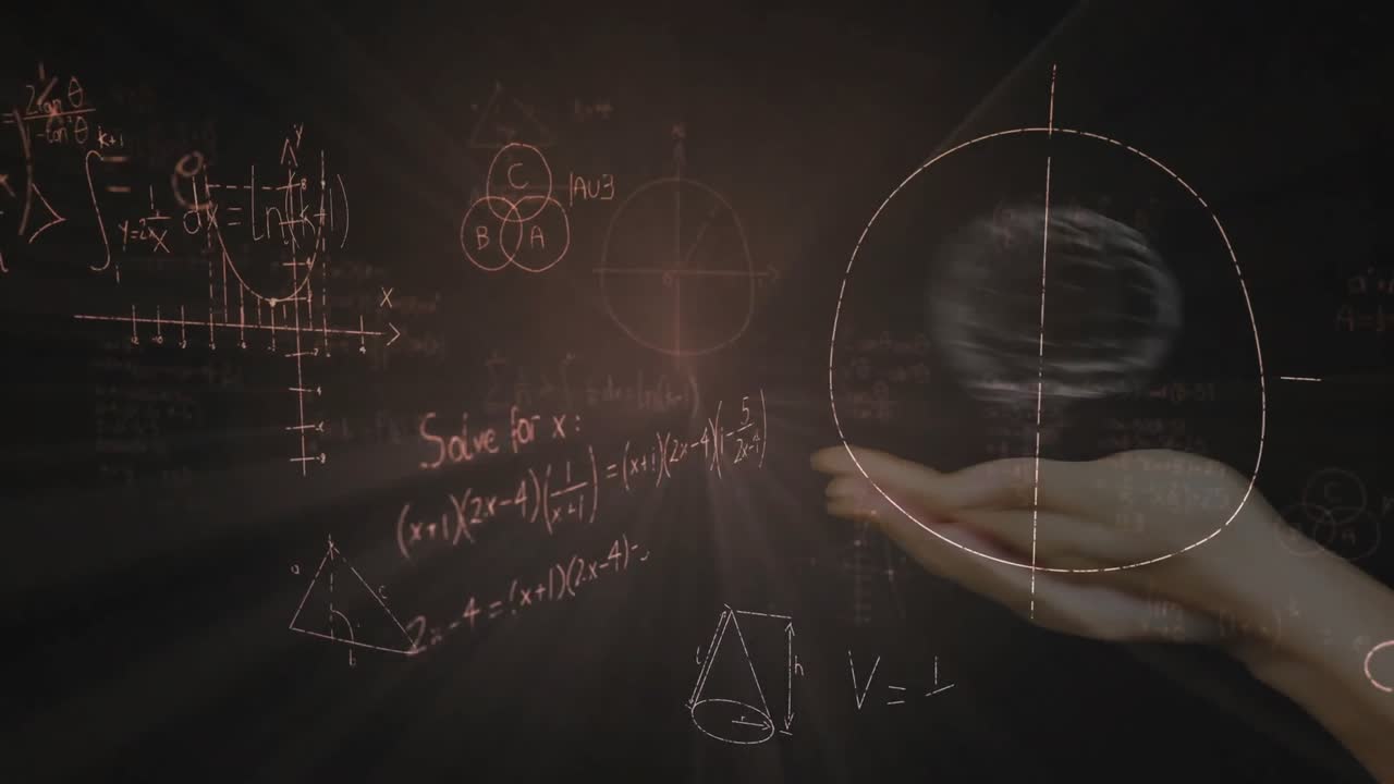 Equazione che si estende su una lavagna, una mano che evoca un cervello 3D rotante con formule fluttuanti.