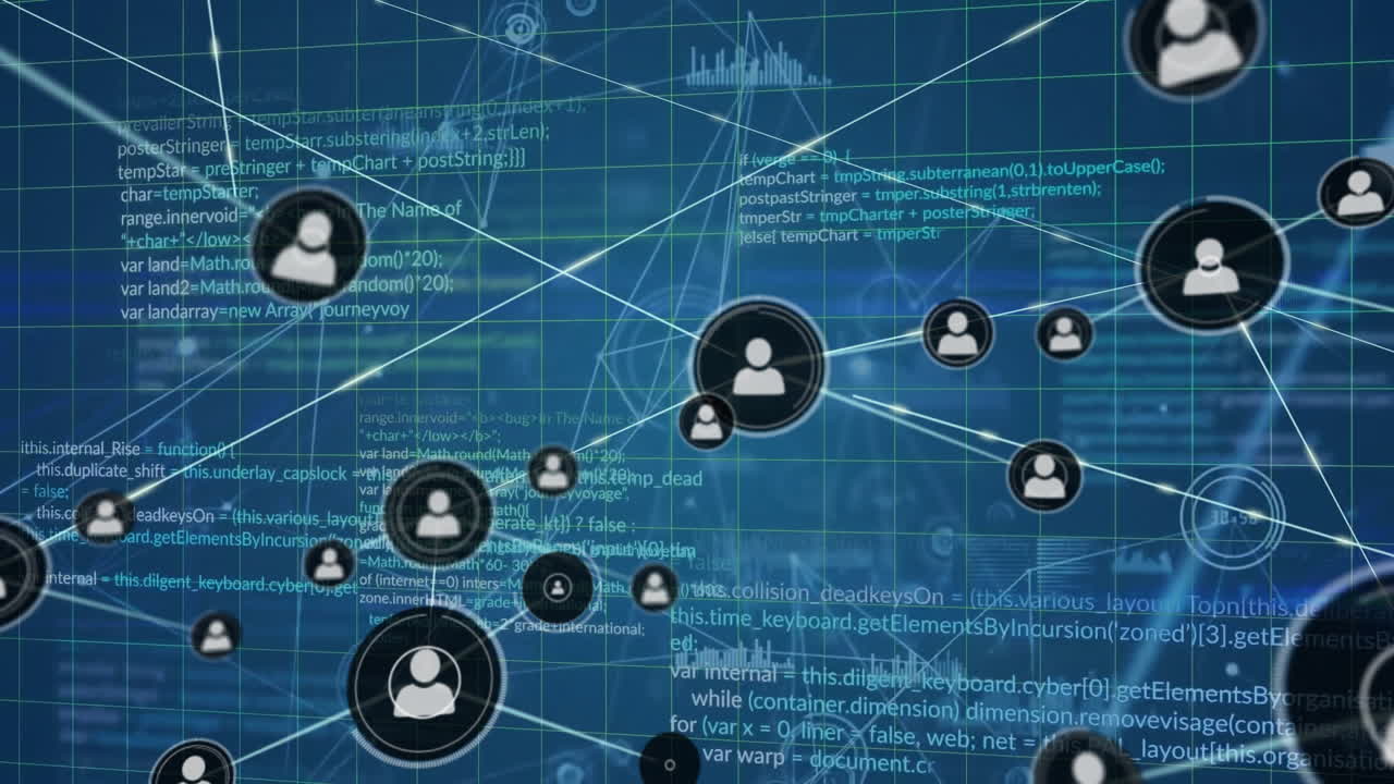 Animation of network of connections with icons and data processing over blue background