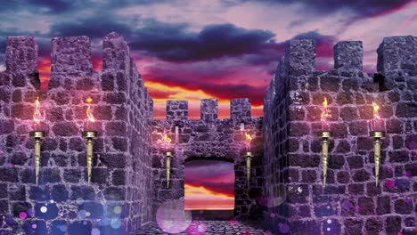 a romantic fortress. the castle is lit with lights. sunset. loop.