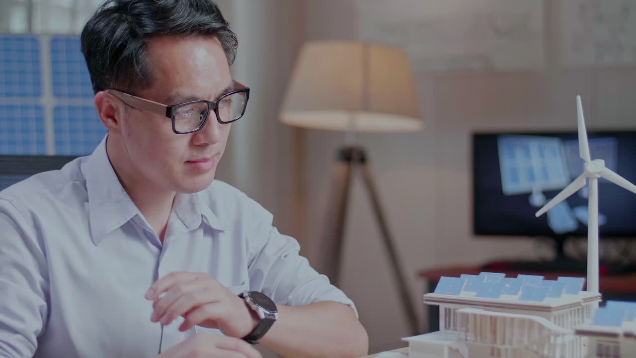 블루프린트와 태양 전지판을 가진 모형 작은 집을 작업하는 동안 카메라에 팔을 고 미소 짓는 아시아 남자의 클로즈업