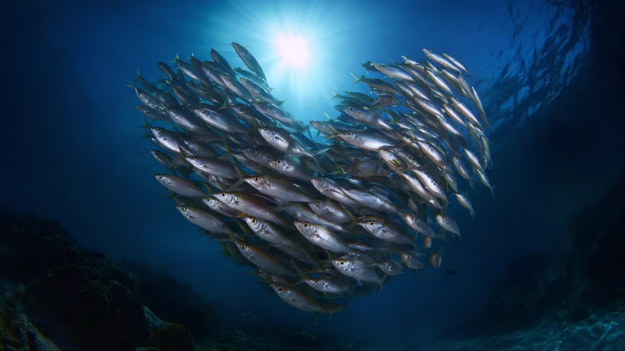 Uno spettacolo subacqueo incantevole di pesci che formano un cuore, illuminato dalla luce intensa del sole che penetra attraverso la superficie dell'oceano, creando un'affascinante rappresentazione naturale