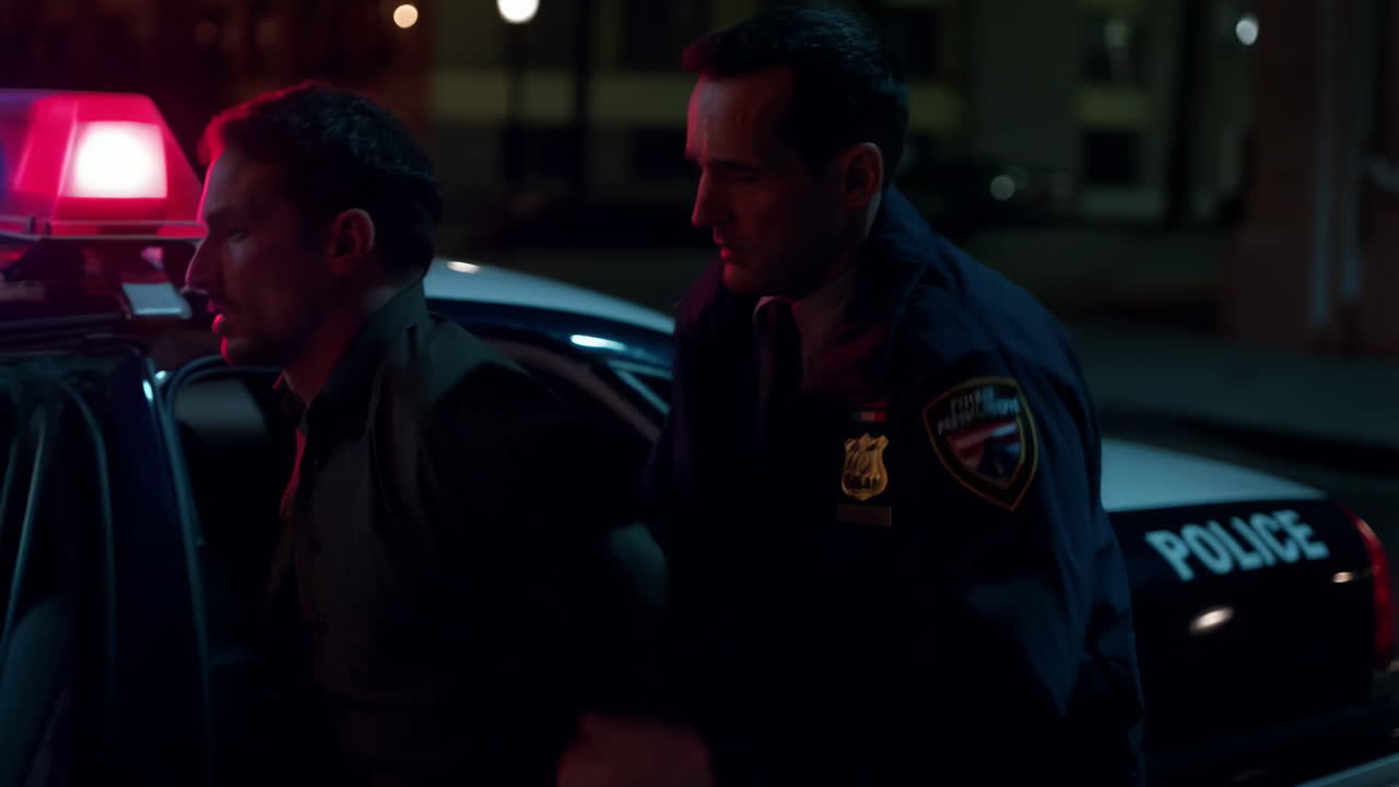 Police officer apprehending a man by a patrol car at night