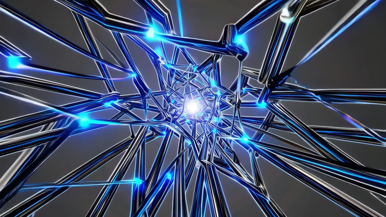 Abstract Futuristic Metal Tunnel with Glowing Blue Lines