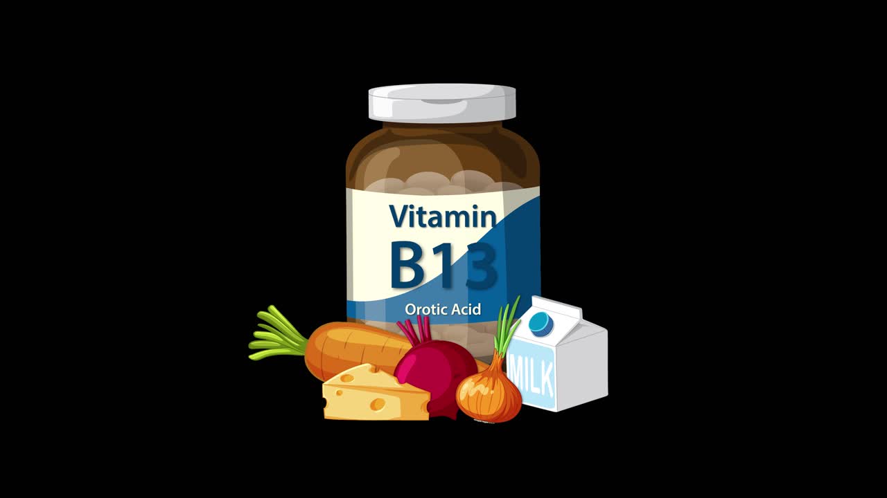 Vitamin B13 bottle appears with vegetables, cheese, and milk on black background, smooth transitions