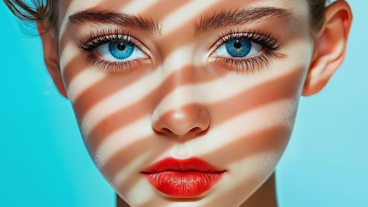 una mujer con ojos azules y lápiz labial rojo