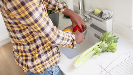 Mid-section-of-biracial-man-rinsing-vegetables-in-kitchen,-slow-motion