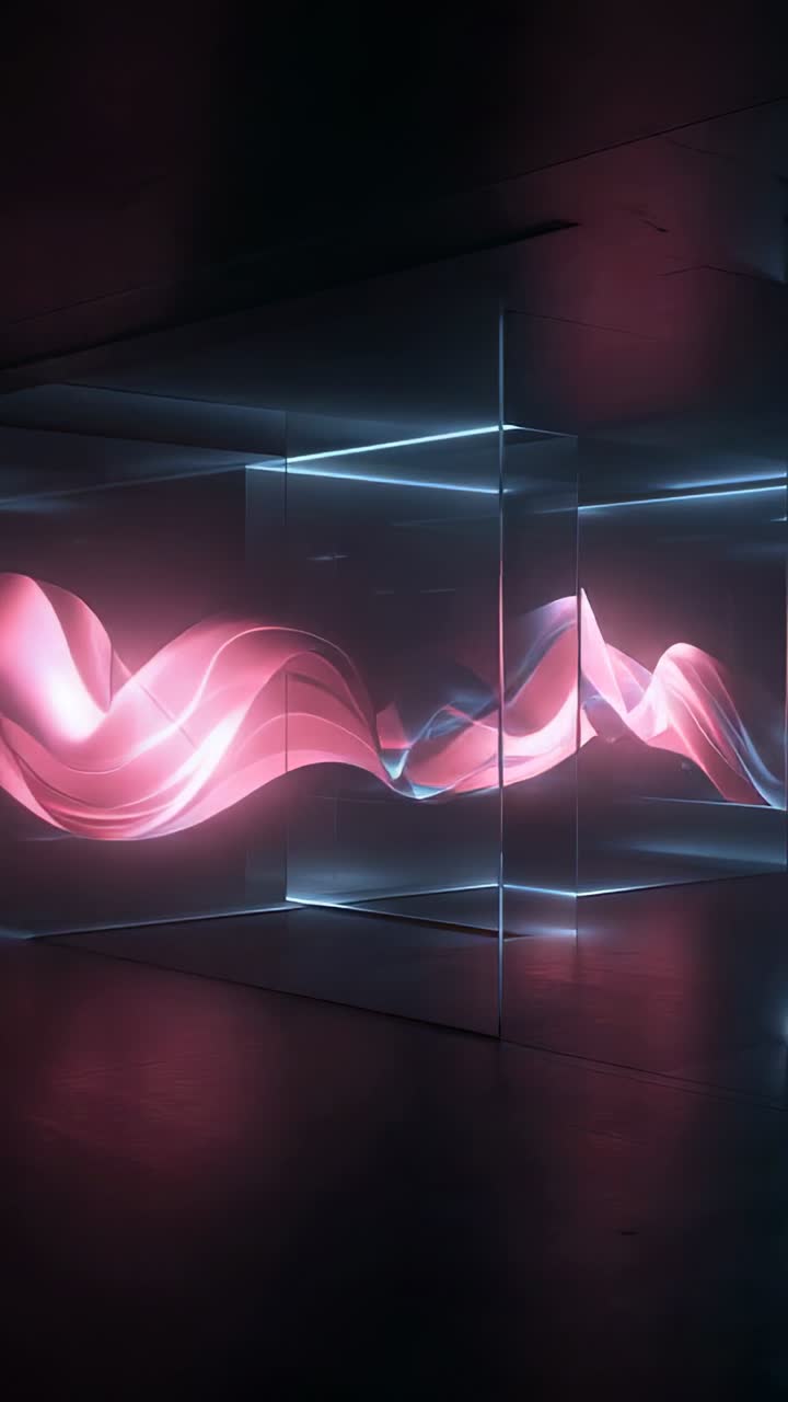 Vertical video: Flowing neon ribbon emerging from left, threading glass cube in gallery, reflecting