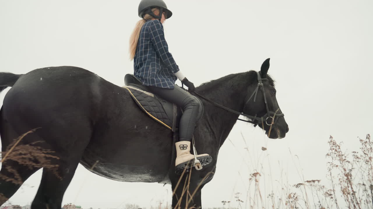 Donna seduta su un cavallo nero attraverso erbe alte e secche, casco e giacca a quadri, postura concentrata e passo lento e controllato, atmosfera di istruzione con cielo coperto, esplorazione di sentieri rurali.