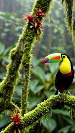 colorful toucan perched on a mossy branch in the rainforest