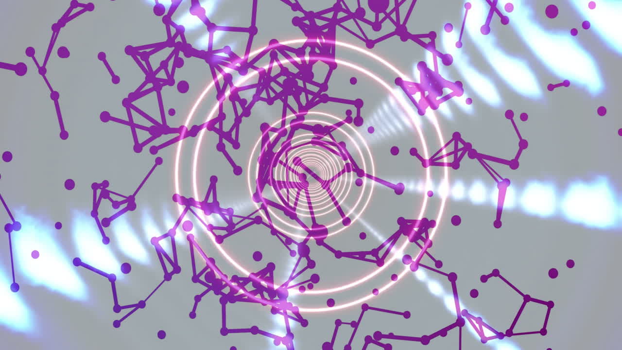 Animation of purple geometric patterns and circles creating abstract digital network