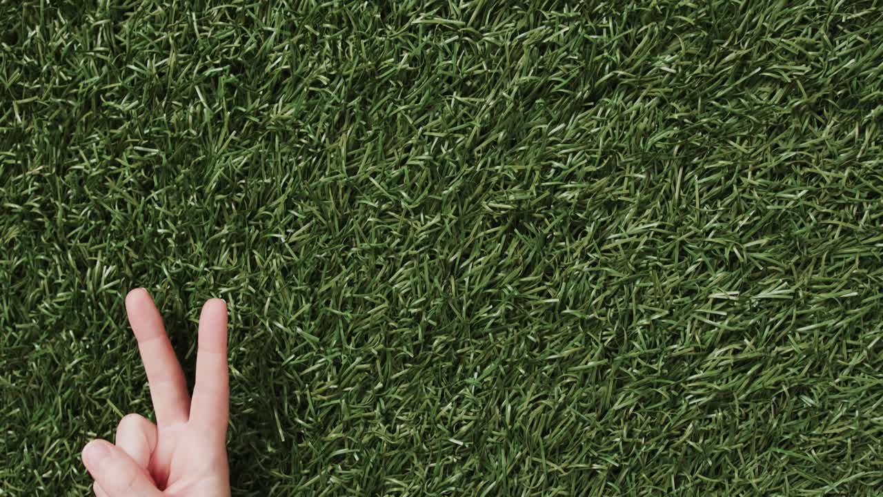 cerca de la mano de una mujer caucásica que muestra un signo de paz con espacio de copia en el fondo de hierba