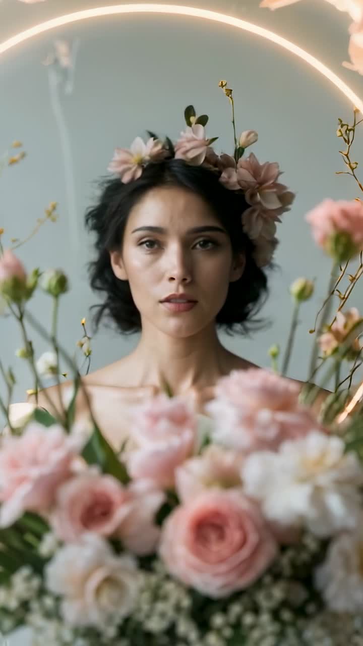 Vertical video: Camera shifting focus revealing model in strapless gown behind bouquet in studio