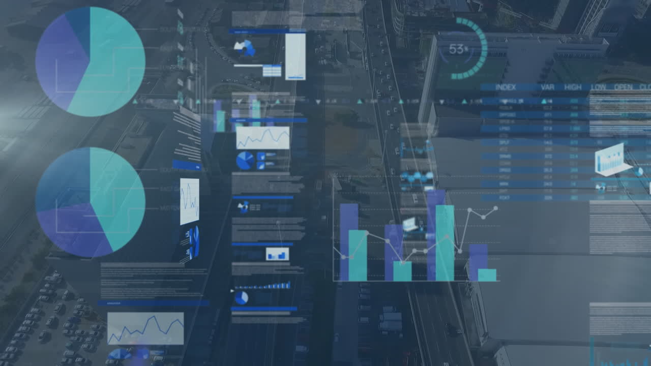 Animation of data processing over cityscape