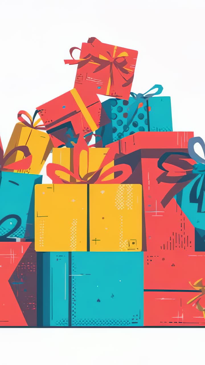 Vertical video: Nudging pile red teal yellow gifts sliding, clearing white, baseline, bows lifting