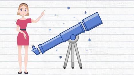 animación de una mujer hablando sobre el icono del telescopio