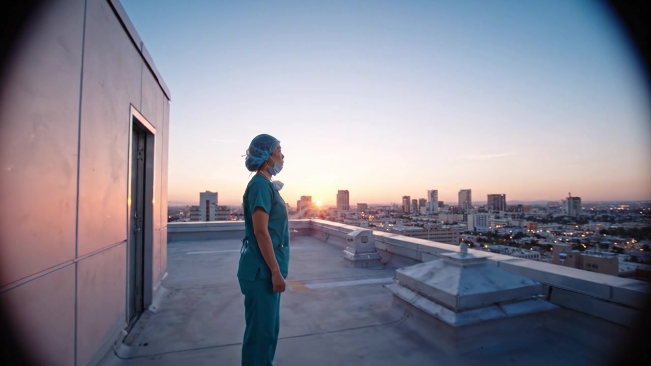 Healthcare worker in scrubs observes the city skyline at sunset from a rooftop, symbolizing dedication, hope, and the importance of healing in a busy urban environment.