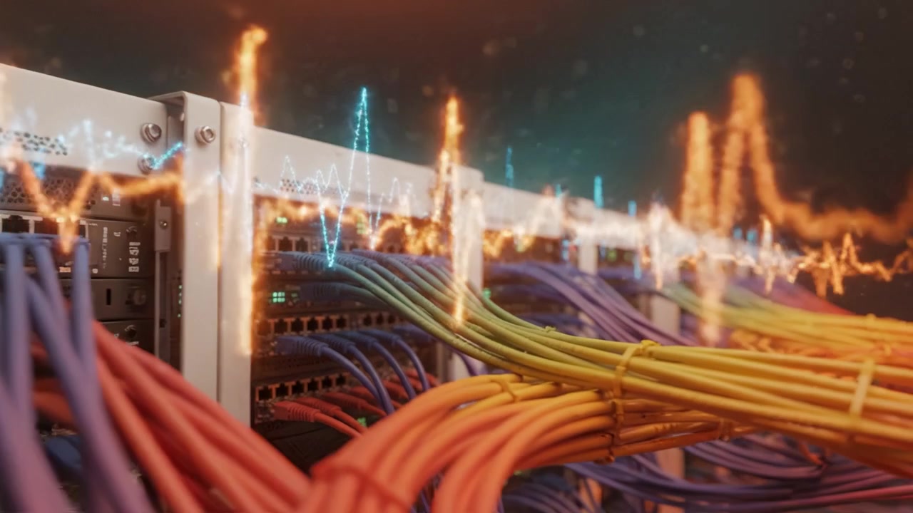 Dynamic Server Network with Colorful Cables and Data Visualization Representing High-Speed Connections and Digital Flow in a Modern Data Center Environment