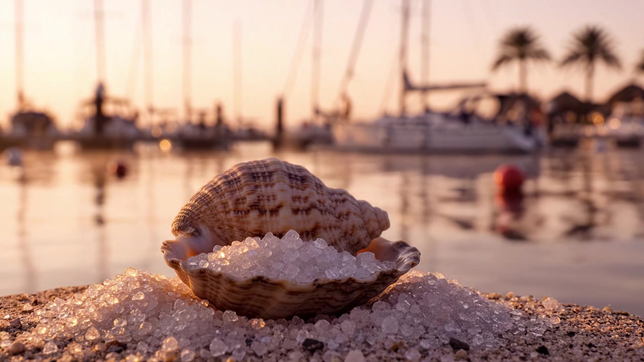 A beautiful seashell resting on a bed of salt crystals, with a scenic marina background filled with boats and palm trees under a soft sunset glow.