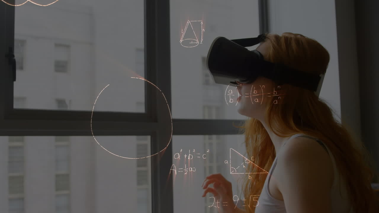 animación de dibujos matemáticos y ecuaciones sobre mujer usando auriculares vr