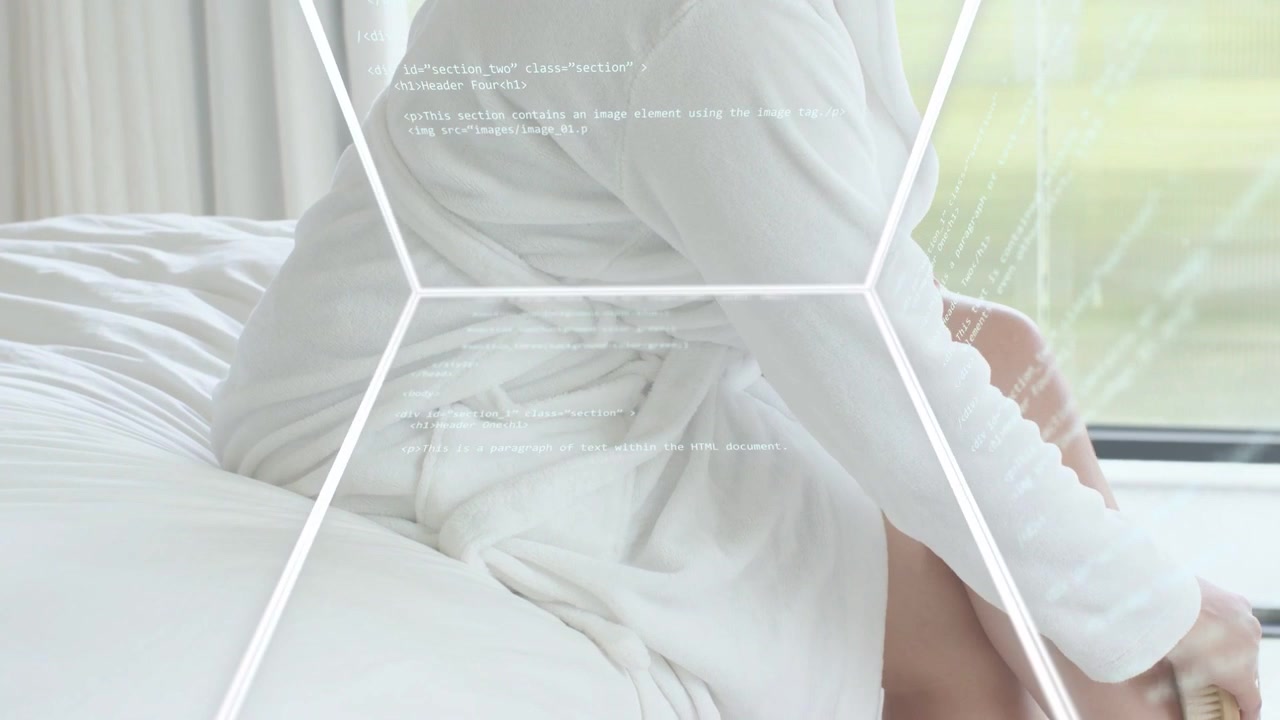 Woman holding cup shifting on bed, tech hex grid moving across frame obscuring parts, reflecting