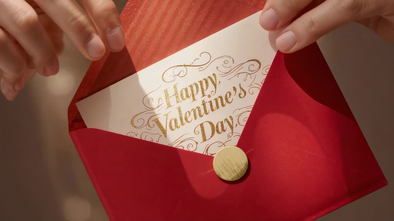 Fingers lifting flap, sliding card from red envelope on table, revealing gold Happy Valentine's Day