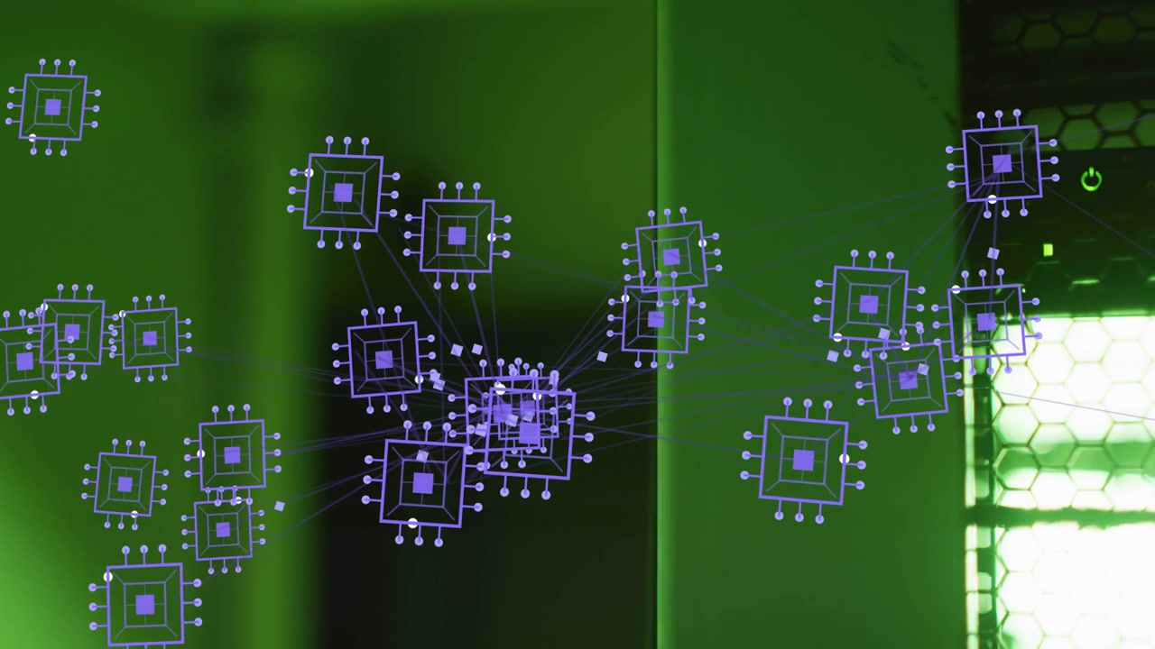 Purple network reacting to backlight pulse clustering into hub sending particles to process data