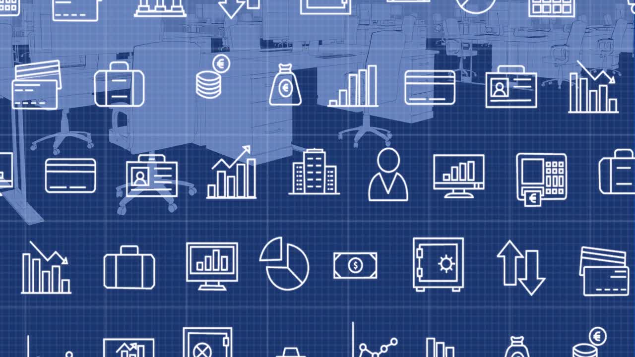 animación de múltiples iconos digitales a través de la red de cuadrícula contra el modelo de oficina 3d.