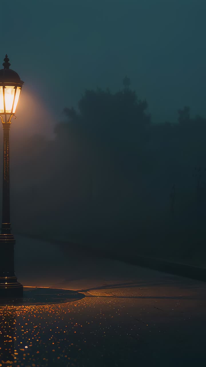 Vertical video: Powering ornate streetlamp emitting warm light lighting foggy wet road, copy space