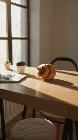 hamster on a desk in the morning sunlight