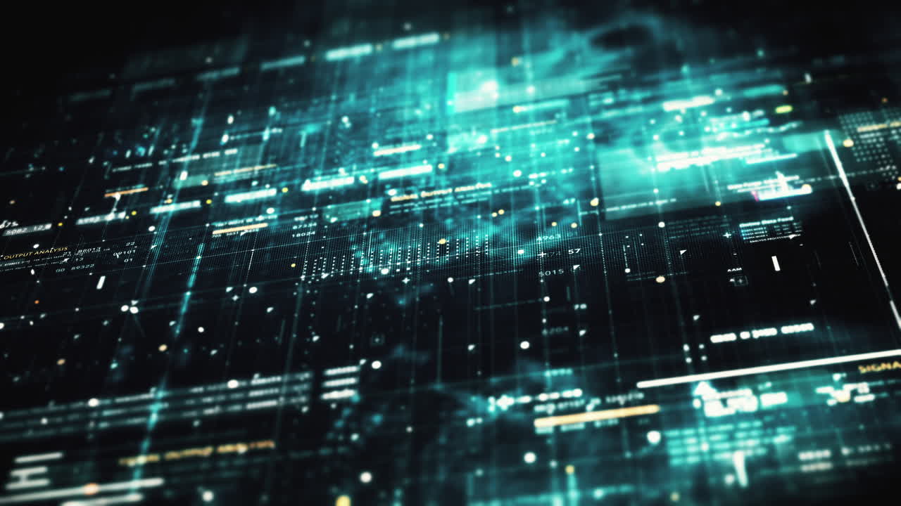 Advance data matrix, telemetry and encrypt numbers simulation user interface display in cyber space abstract de-focus environment background