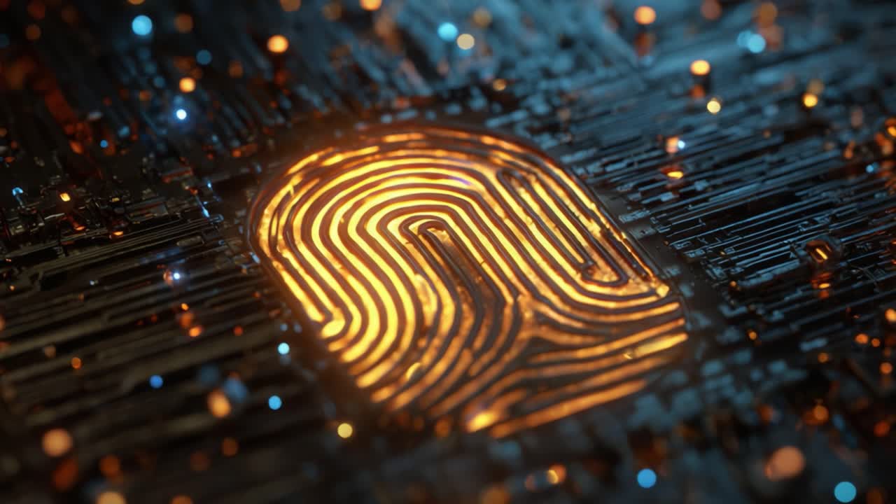 A Close-Up View of a Digitally Rendered Fingerprint Designed with Glowing Lines and Embedded Microchips on a Technological Background