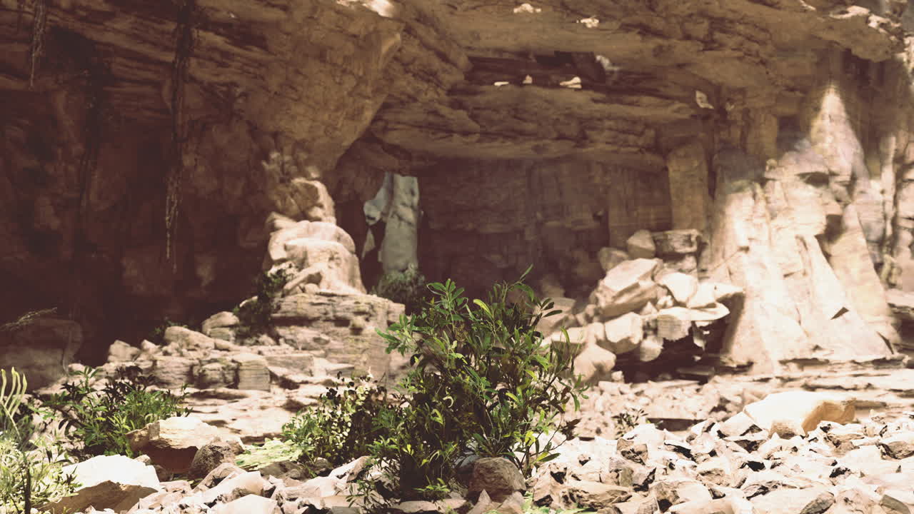 Exploring a hidden cave with rock formations and vegetation in a remote area