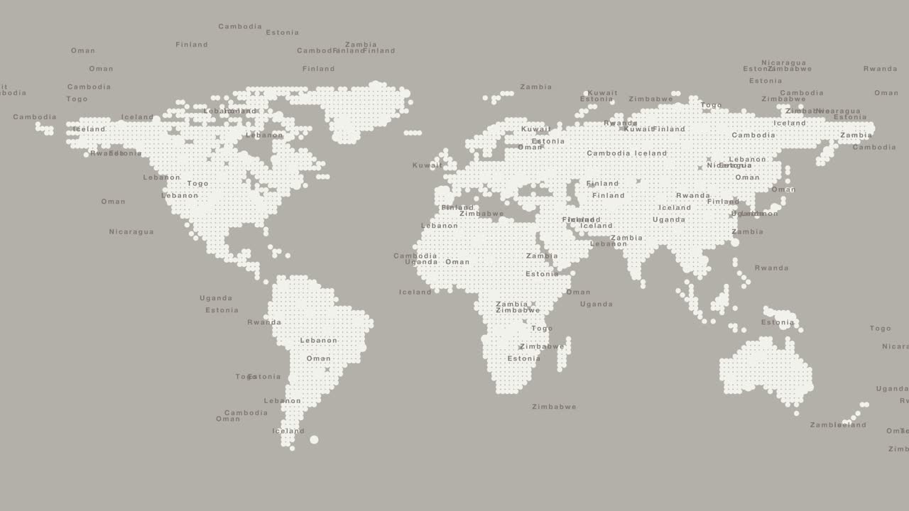 Pixel world map with country names on neutral beige background