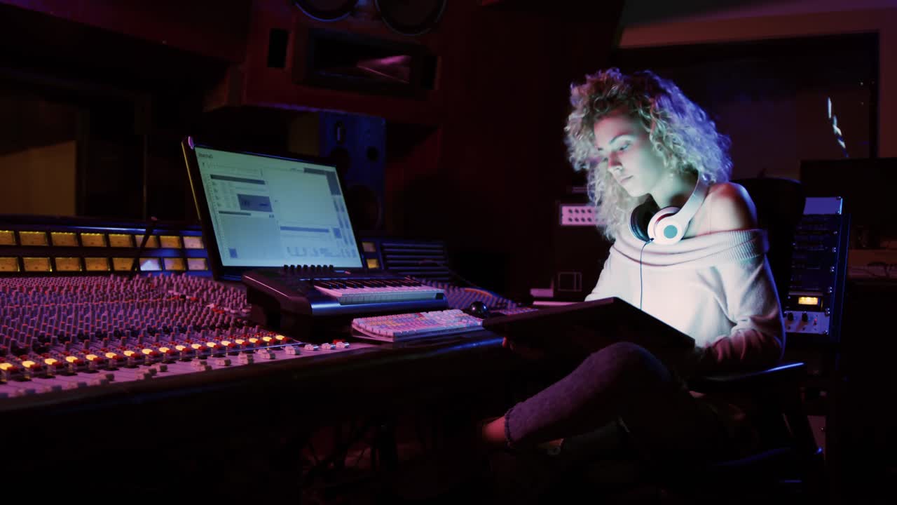 ingeniera de sonido que usa una tableta digital
