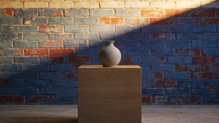 Shifting light from upper-right window over loft brick wall, altering glint on matte vase on cube