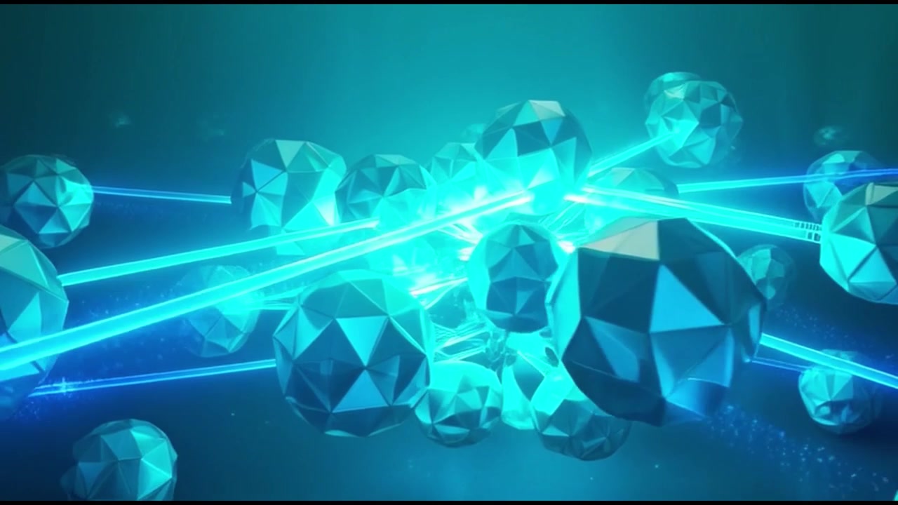 Abstraktit 3D-geometriset pallot yhdistettyinä hehkuvilla sinisillä valonsäteillä