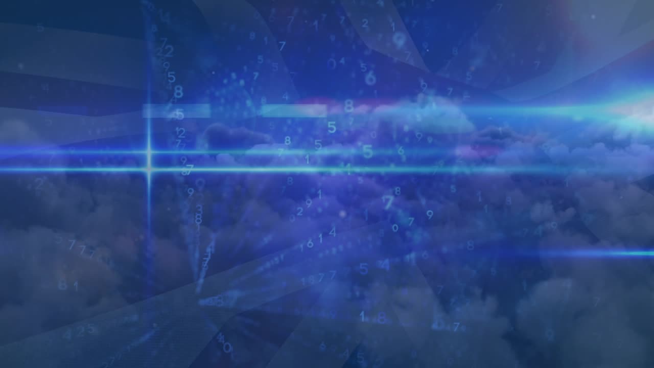 Animation von Binärcodierung, Datenverarbeitung und blauen Lichtspuren über Wolken am Himmel