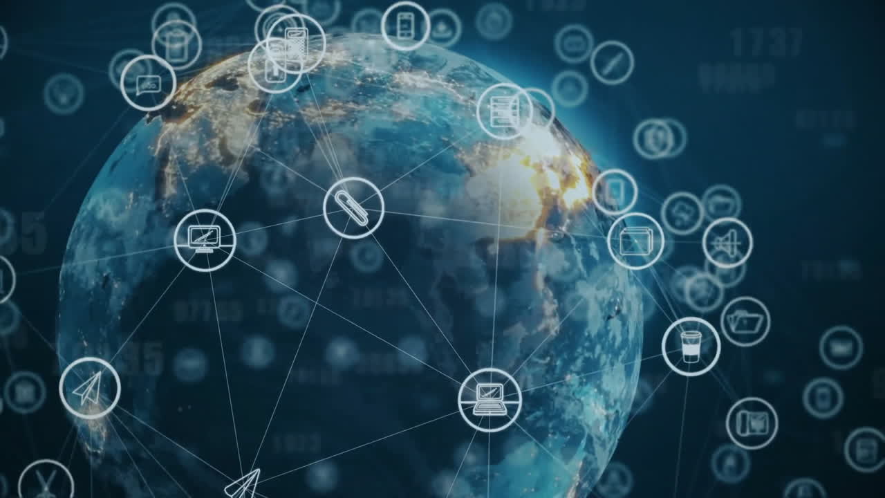 추상적인 배경에 숫자를 가진 전 세계에 연결된 아이콘의 애니메이션