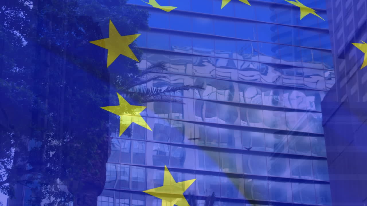 현대 도시 의 나무 와 고층 건물 위 에 있는 유럽 연합 의  ⁇ 발 의 애니메이션