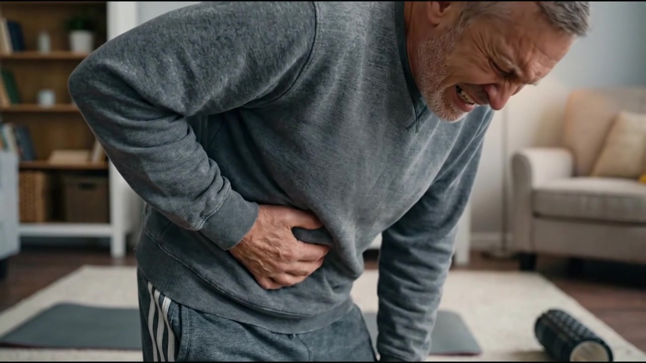 Adult holding side of abdomen while standing in casual clothing in everyday health concept